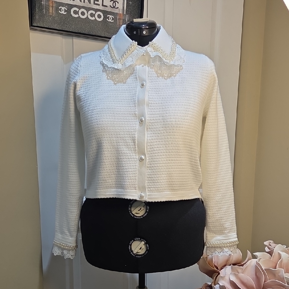 Nwt XL Sioni White Lace-Trimmed Women's Sweater